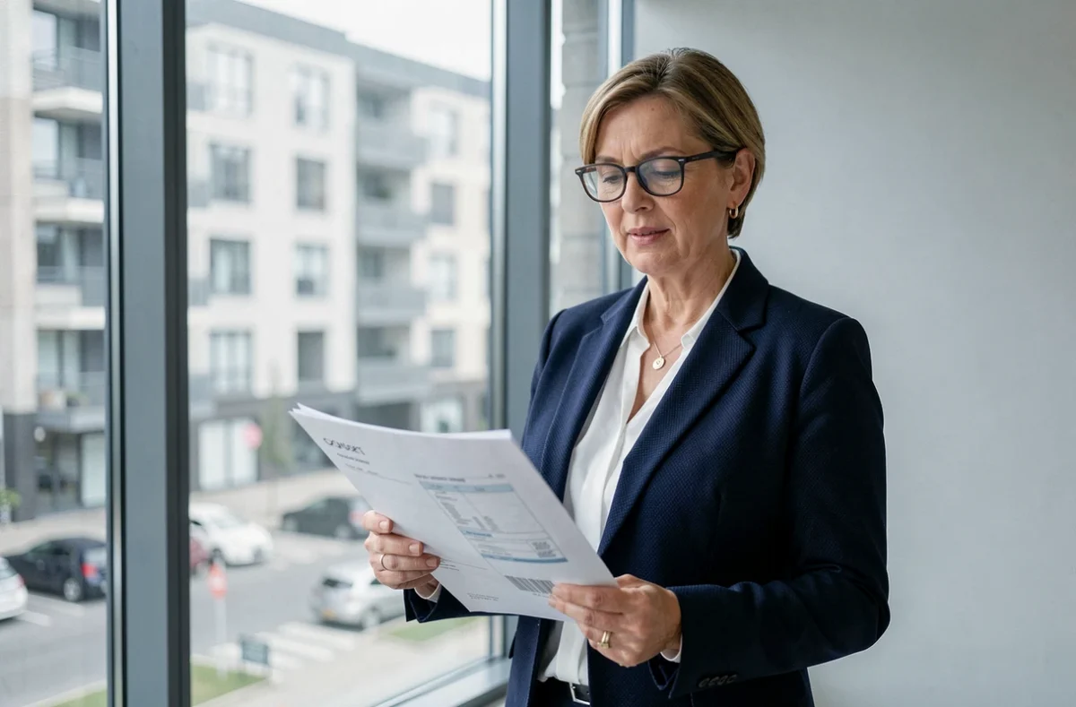 Conseillère immobilière tenant un dossier d'investissement locatif dans une agence moderne