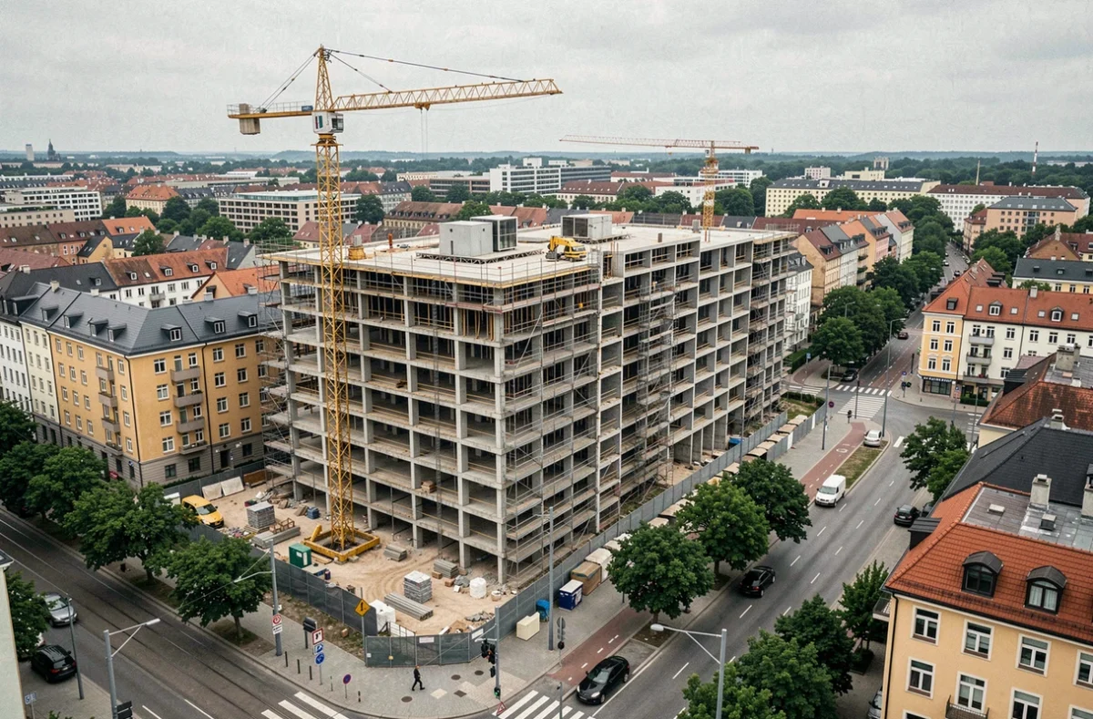 Chantier de construction d'un immeuble mixte en zone urbaine dense comme solution à l'étalement urbain