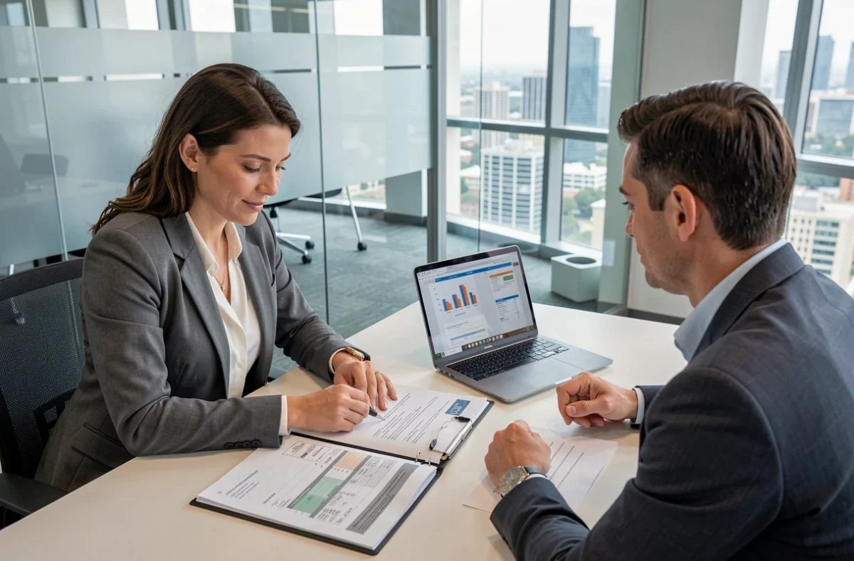 Une investisseuse immobilière en consultation avec un conseiller fiscal pour optimiser son déficit foncier déductible