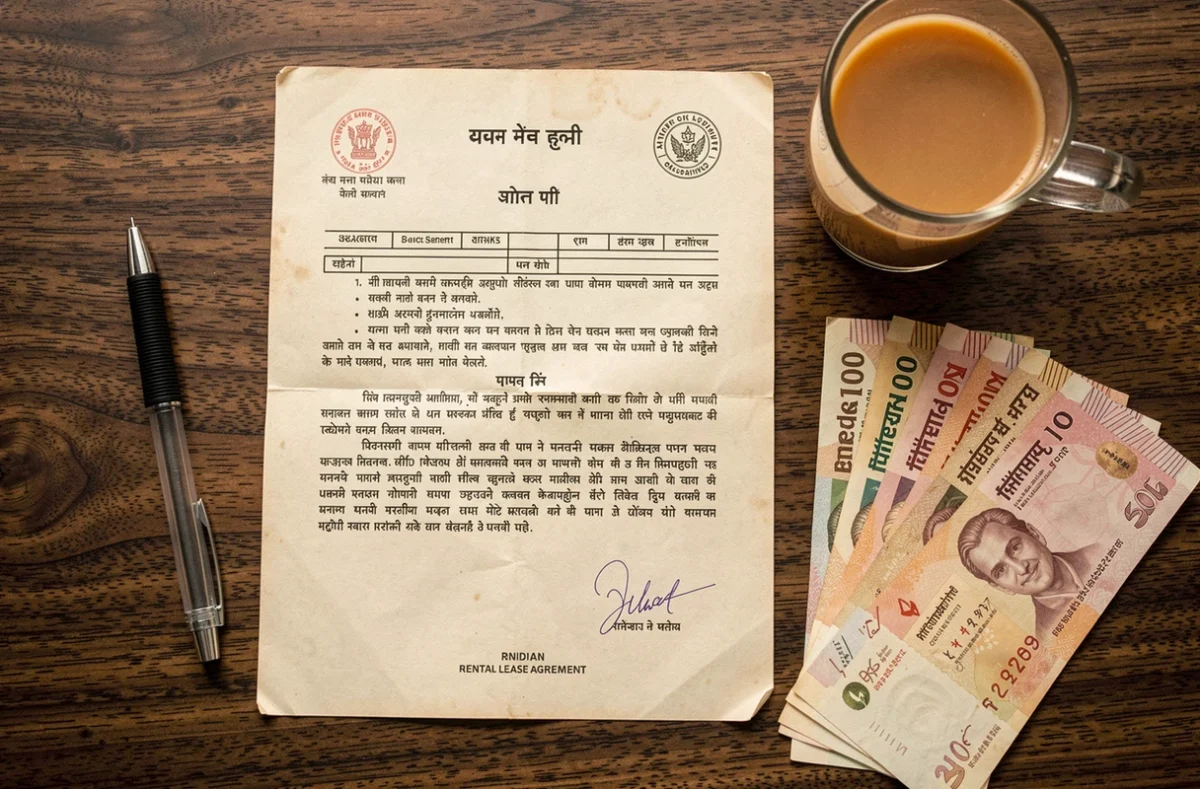 Contrat de location indien avec des billets en roupies et un stylo sur un bureau en bois