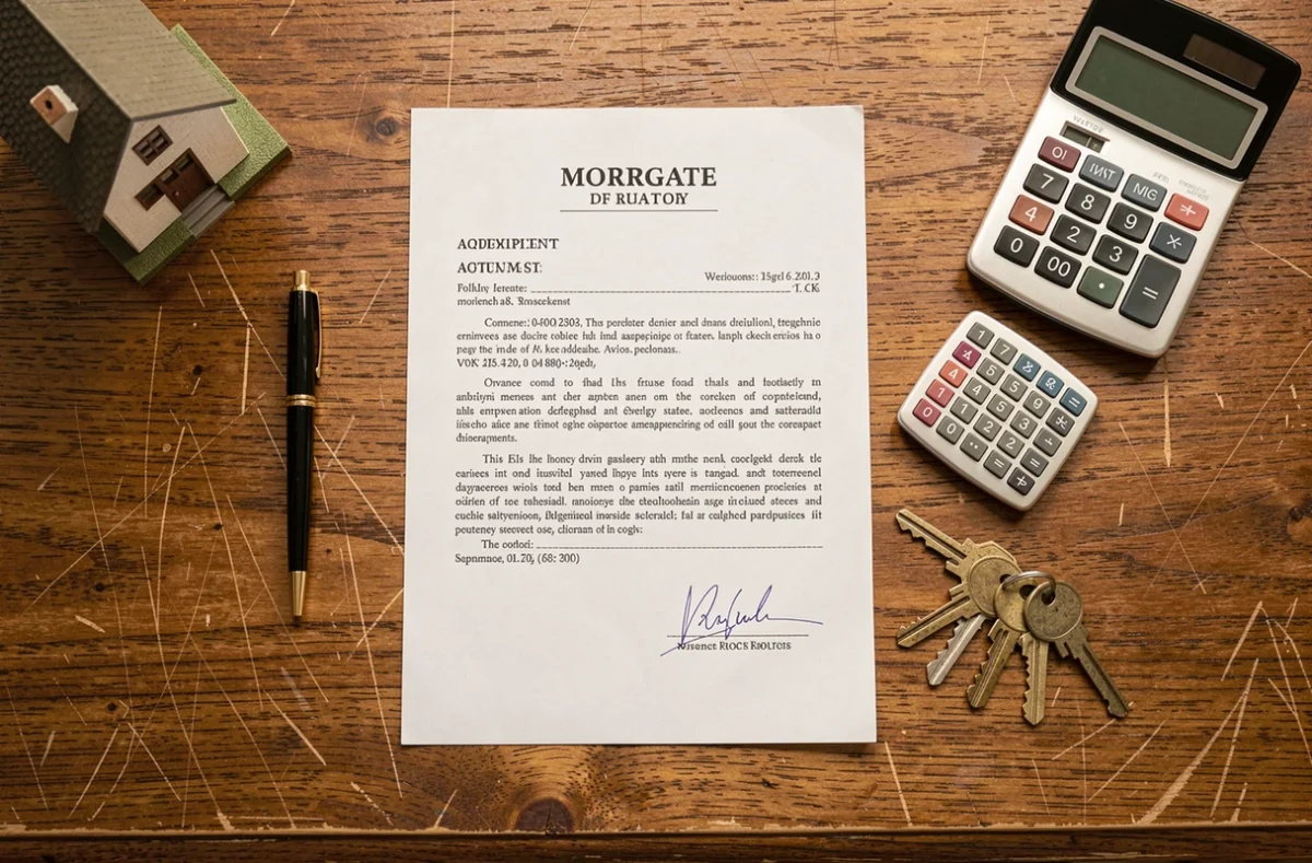 Vue aérienne d'un bureau avec contrat de prêt hypothécaire signé, modèle de maison miniature et clés symbolisant l'achat immobilier
