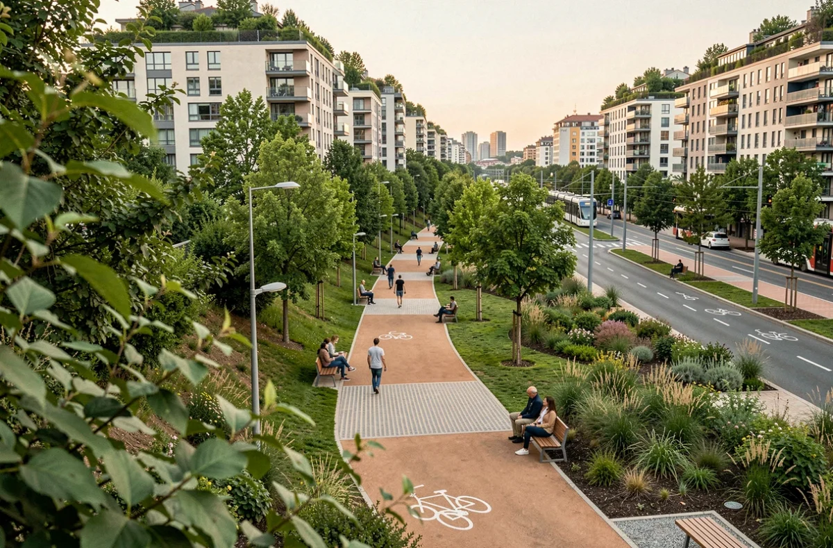 Coulée verte urbaine aménagée sur une friche industrielle reconvertie en parc public pour limiter l'étalement urbain