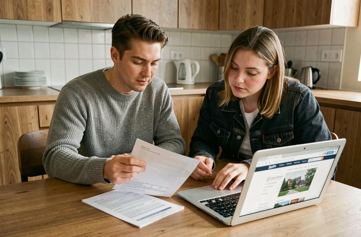 Couple étudiant une lettre d'accord de prêt immobilier en principe à la table de leur cuisine