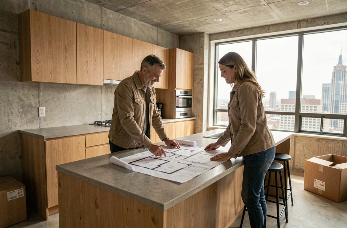 Couple étudiant un plan d'appartement dans un intérieur rénové, symbolisant l'achat immobilier et les tendances du marché en 2026