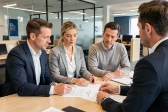 Couple belge en rendez-vous bancaire pour un prêt immobilier transfrontalier avec un conseiller financier