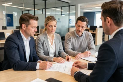 Couple belge en rendez-vous bancaire pour un prêt immobilier transfrontalier avec un conseiller financier