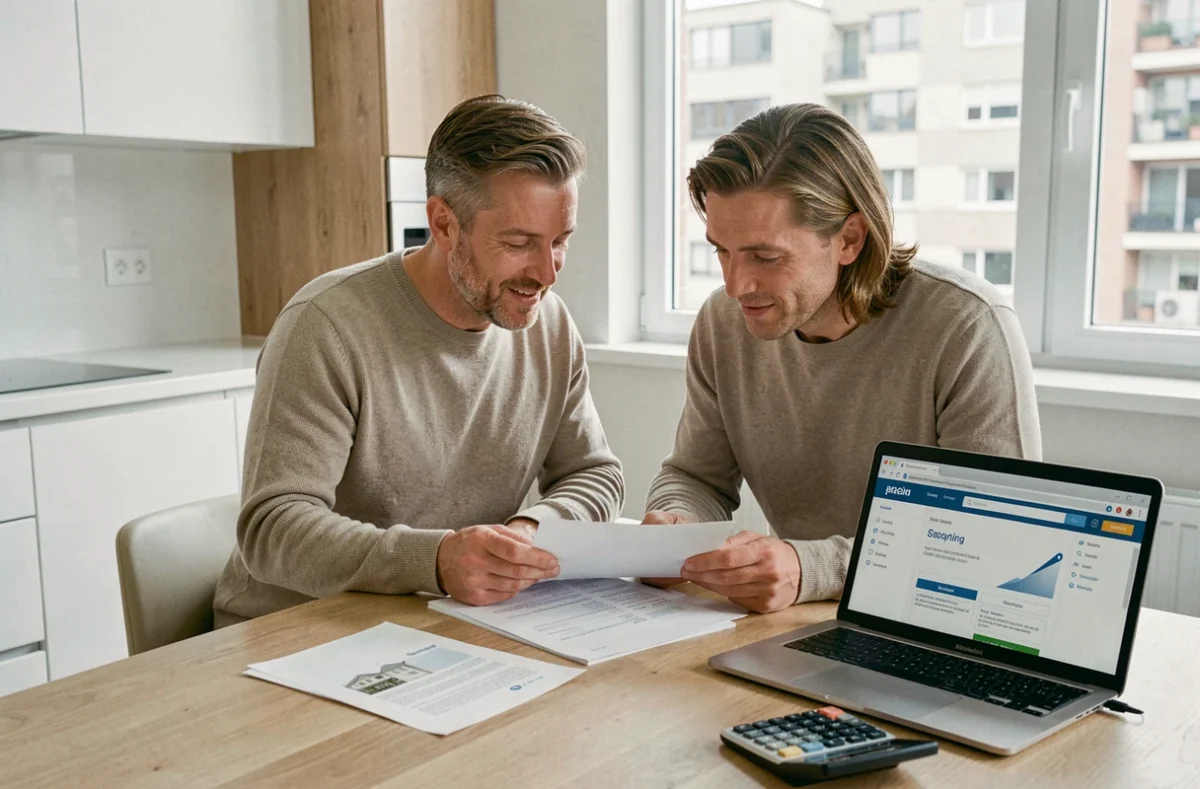 Couple consultant des documents immobiliers et calculant le dépôt de garantie pour un compromis de vente