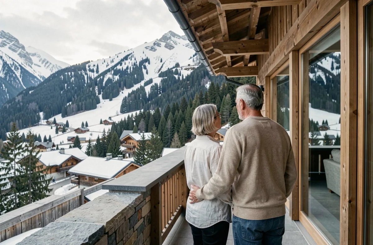 Couple sur la terrasse d'un chalet alpin en France, résidence secondaire dans les Alpes françaises soumise à la nouvelle législation