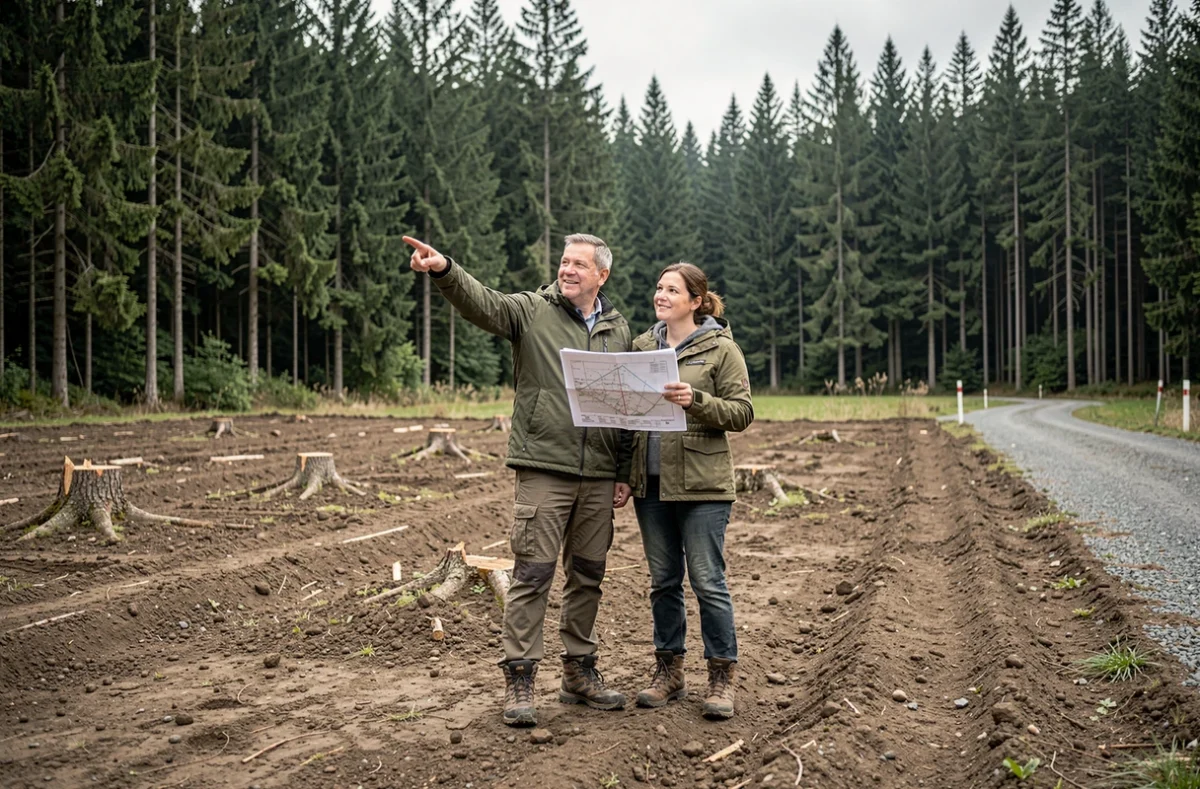 Couple inspectant un terrain plat en forêt pour choisir l'emplacement idéal d'un chalet en bois