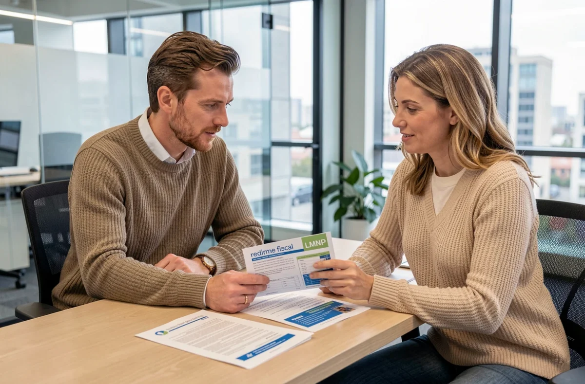 Couple de futurs investisseurs en consultation fiscale pour comprendre le régime LMNP avec un conseiller financier