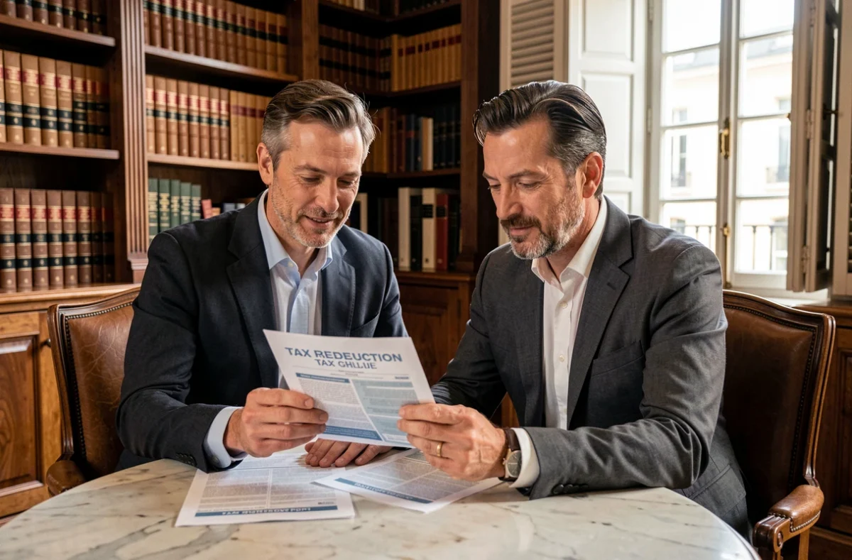 Couple consultant un conseiller fiscal sur les avantages de la loi Malraux dans un bureau notarial classique
