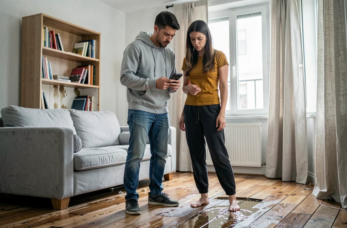 Couple constatant les dégâts des eaux dans leur appartement avant de déclarer un sinistre à leur assurance habitation