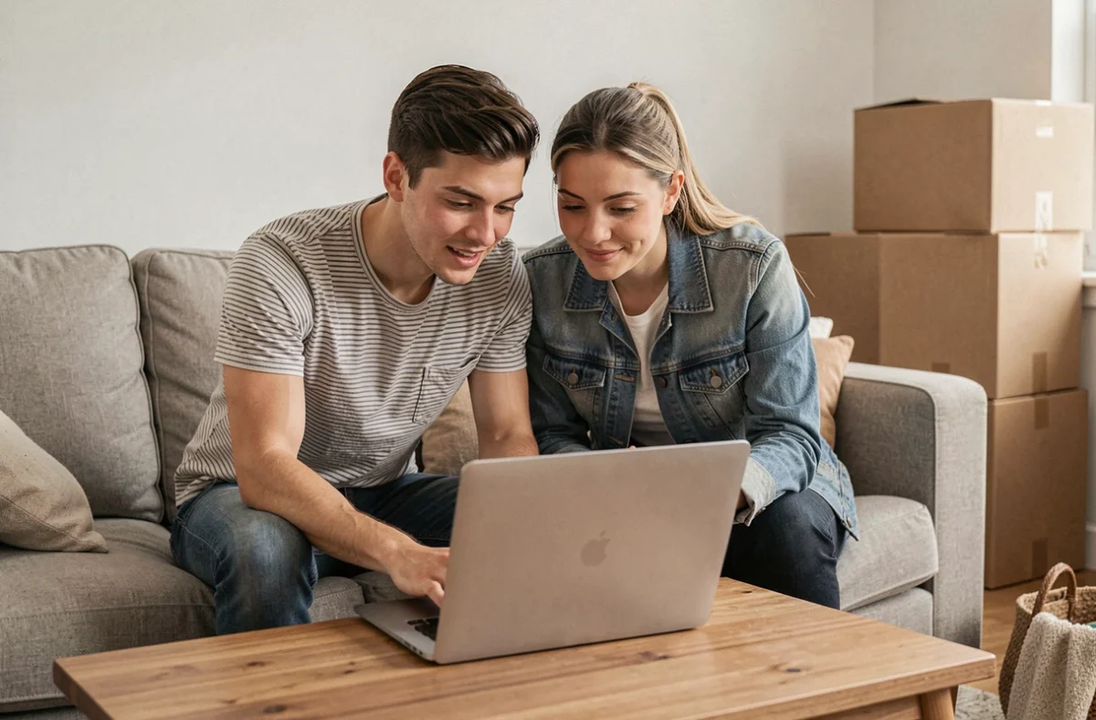 Couple de jeunes locataires consultant ensemble les démarches et délais pour obtenir la garantie Visale