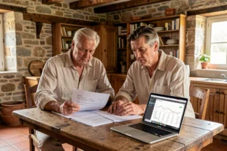 Couple examinant des documents fiscaux sur la plus-value immobilière d'une résidence secondaire dans une maison de campagne française