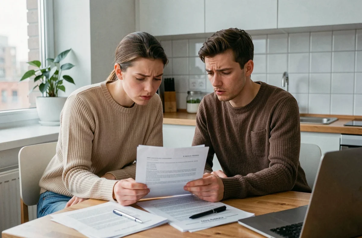 Jeune couple examinant un dossier de garantie de loyer dans leur appartement