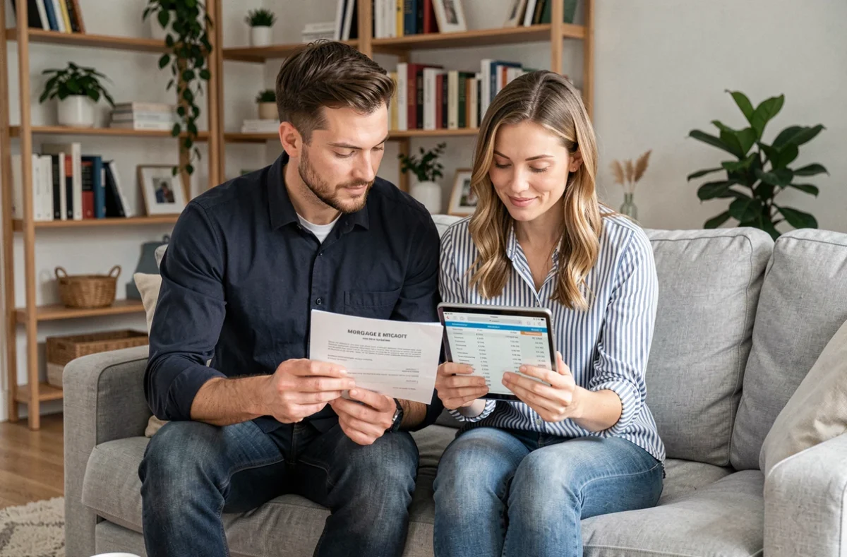 Couple dans la trentaine étudiant une offre de crédit immobilier ensemble dans leur salon
