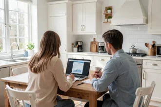 Couple examinant des documents de prêt immobilier à une table