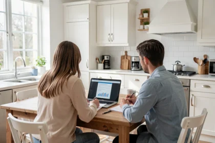 Couple examinant des documents de prêt immobilier à une table