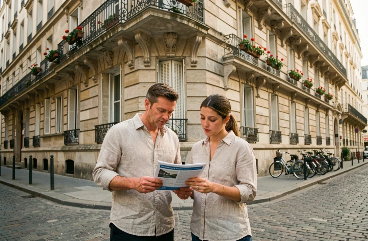 Couple investisseur devant un immeuble haussmannien évaluant le rendement immobilier locatif