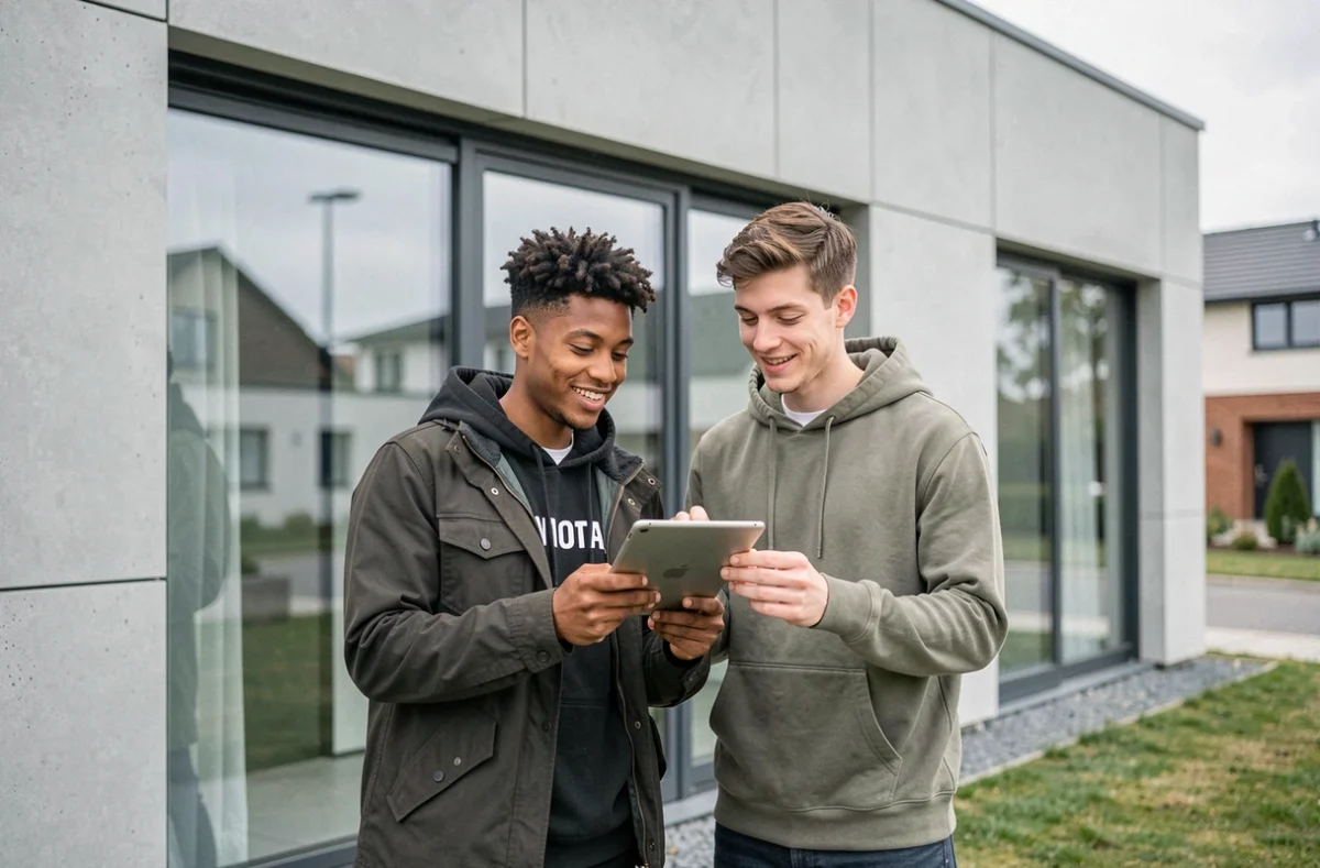 Jeune couple devant une maison intelligente moderne représentant l'achat immobilier dans le futur