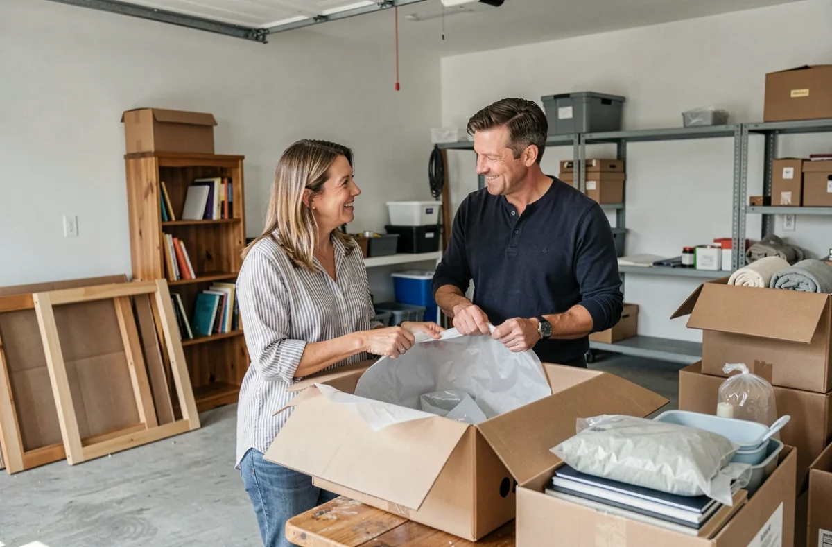 Couple emballant des objets fragiles dans un garage pendant la préparation d'un déménagement