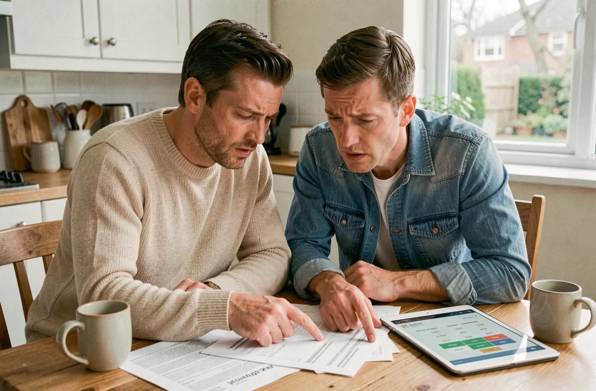 Couple étudiant les documents de prime d'assurance hypothécaire à leur table de cuisine