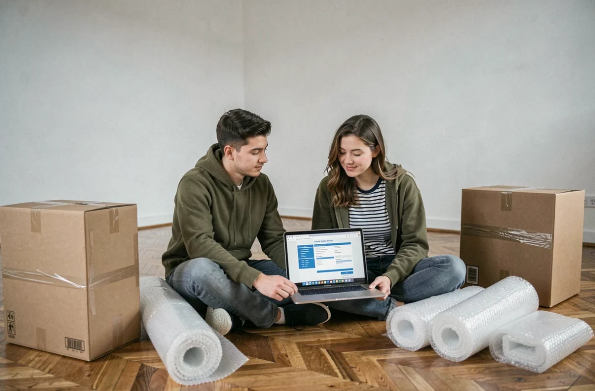 Couple consultant les aides et primes de déménagement en ligne dans leur nouvel appartement vide