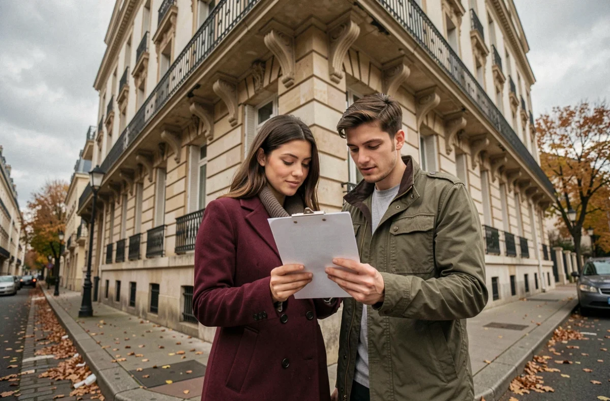 Couple consultant une annonce immobilière devant un immeuble parisien pour évaluer un loyer de 560 euros
