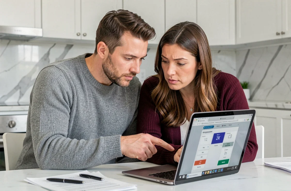 Couple étudiant les options de remboursement anticipé d'un crédit immobilier sur un ordinateur portable à la maison