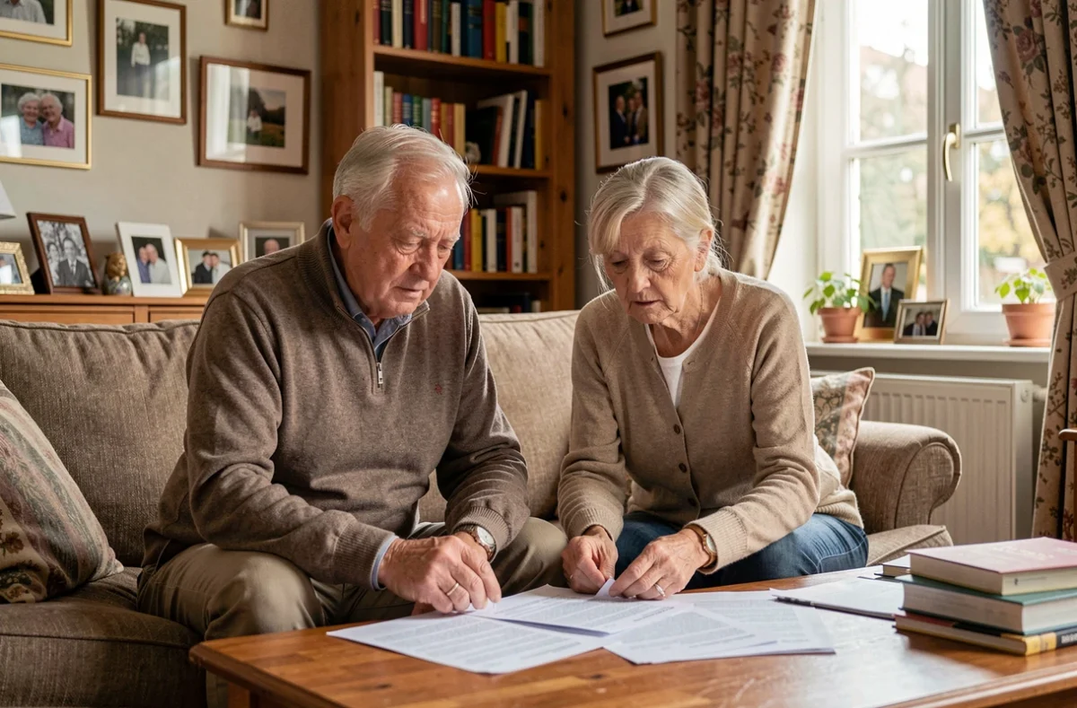 Couple de locataires âgés en Belgique consultant des documents juridiques sur leurs droits locatifs