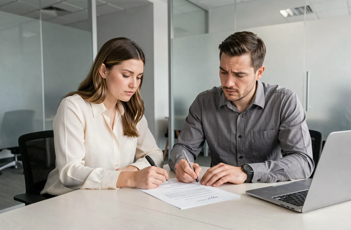 Couple signant un acte hypothécaire lors d'un rendez-vous dans une agence bancaire moderne