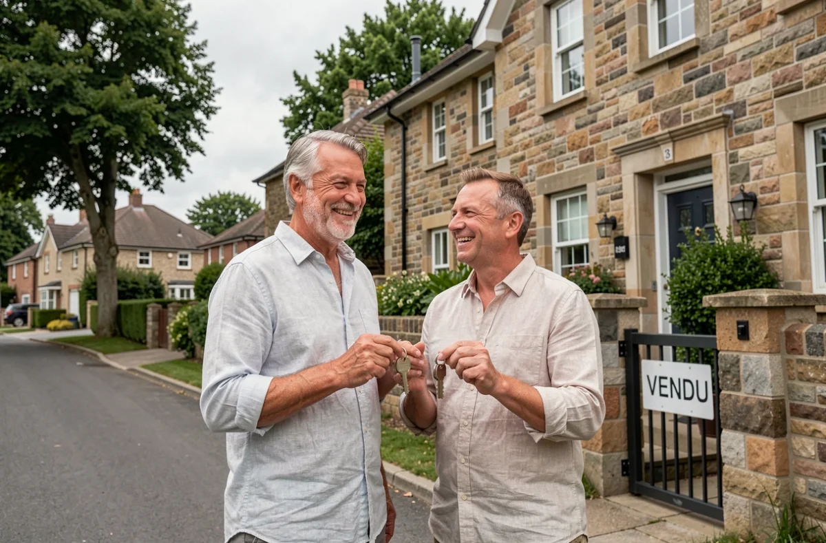 Couple devant leur maison vendue bénéficiant d'une exonération de plus-value immobilière