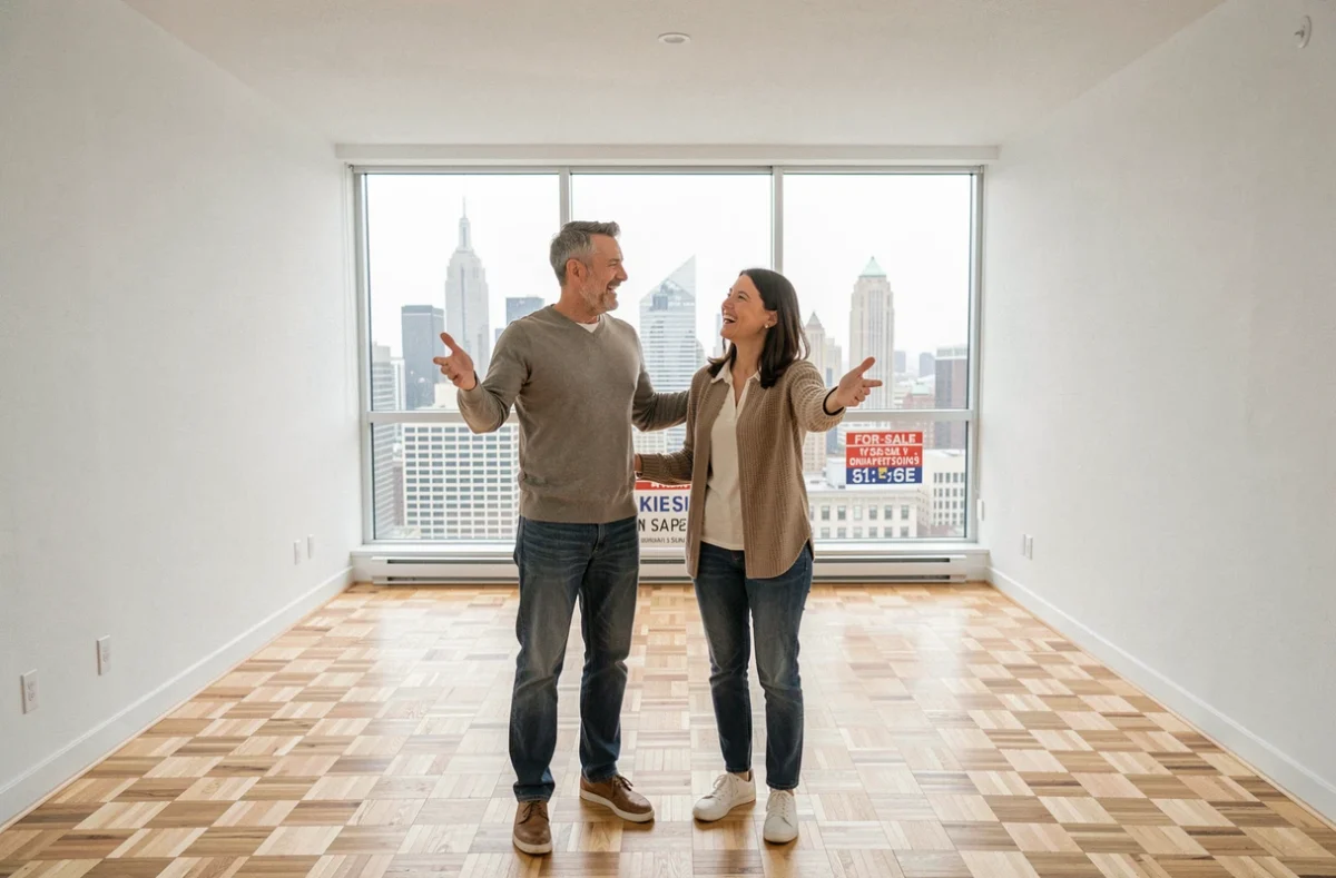 Couple visitant un appartement vide en ville, envisageant l'achat d'un bien immobilier dans un marché en reprise