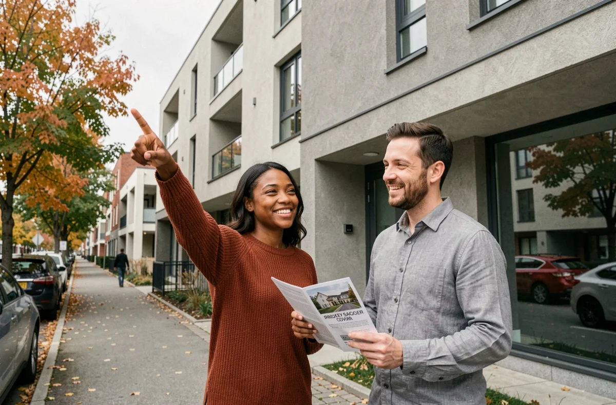Couple visitant un immeuble résidentiel neuf pour un investissement immobilier en milieu urbain
