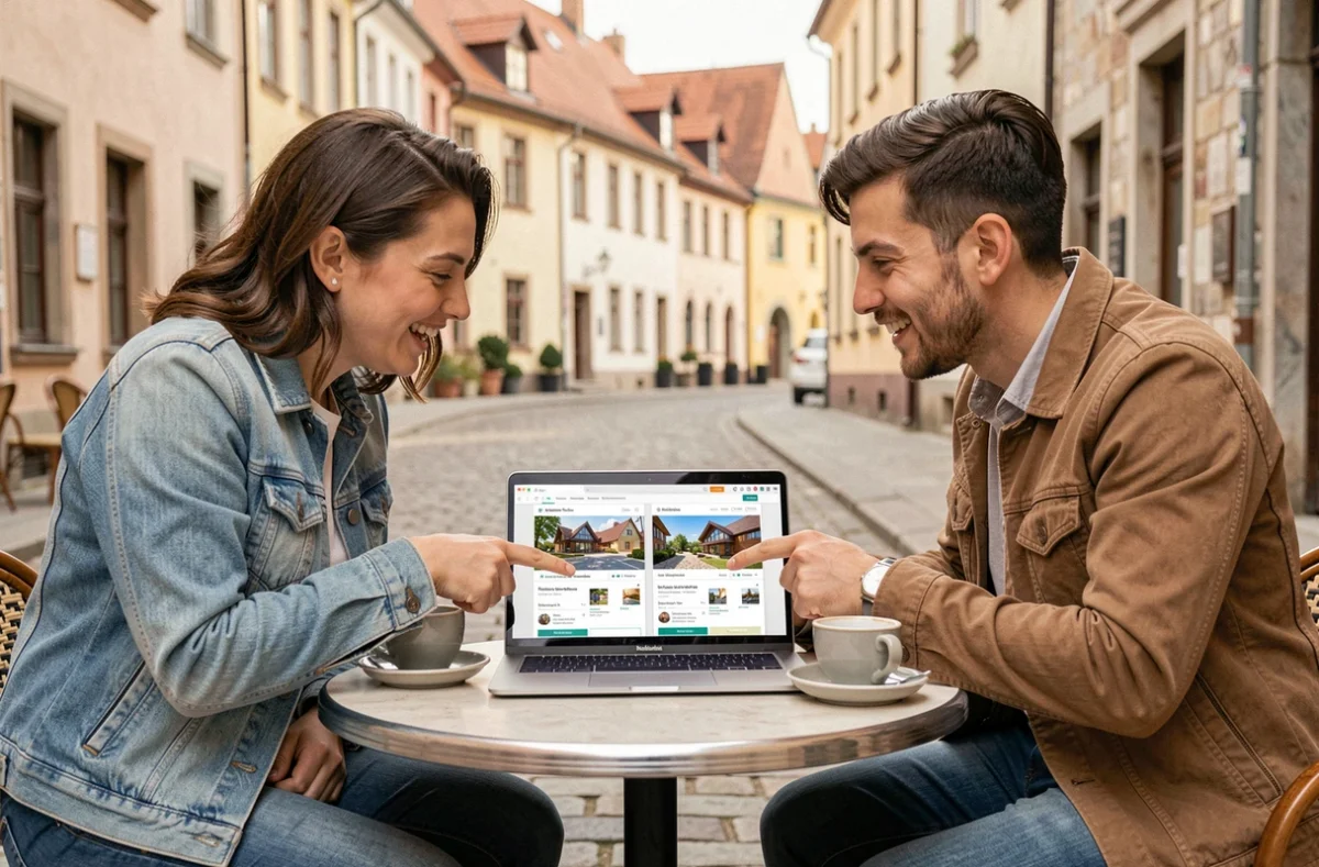 Couple de voyageurs comparant Airbnb et ses concurrents sur un ordinateur portable en terrasse
