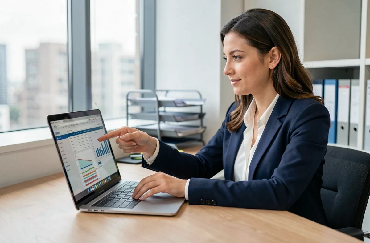Courtière en assurance expliquant le coût d'une assurance décennale dans un bureau moderne
