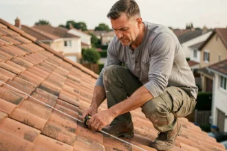 Couvreur professionnel mesurant l'emplacement d'une future lucarne sur un toit en tuiles de terre cuite