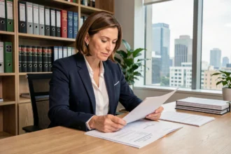 Femme professionnelle consultant des documents pour la création d'une SCI dans un bureau moderne
