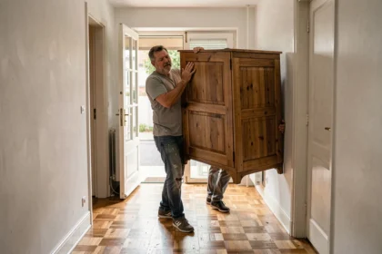 Deux hommes portant une grande armoire en bois dans un couloir de maison pour s'en débarrasser