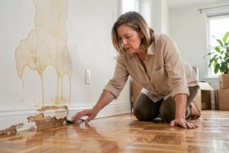 Femme examinant des dégâts des eaux sur un parquet gondolé dans un salon avec une tache d'humidité au mur