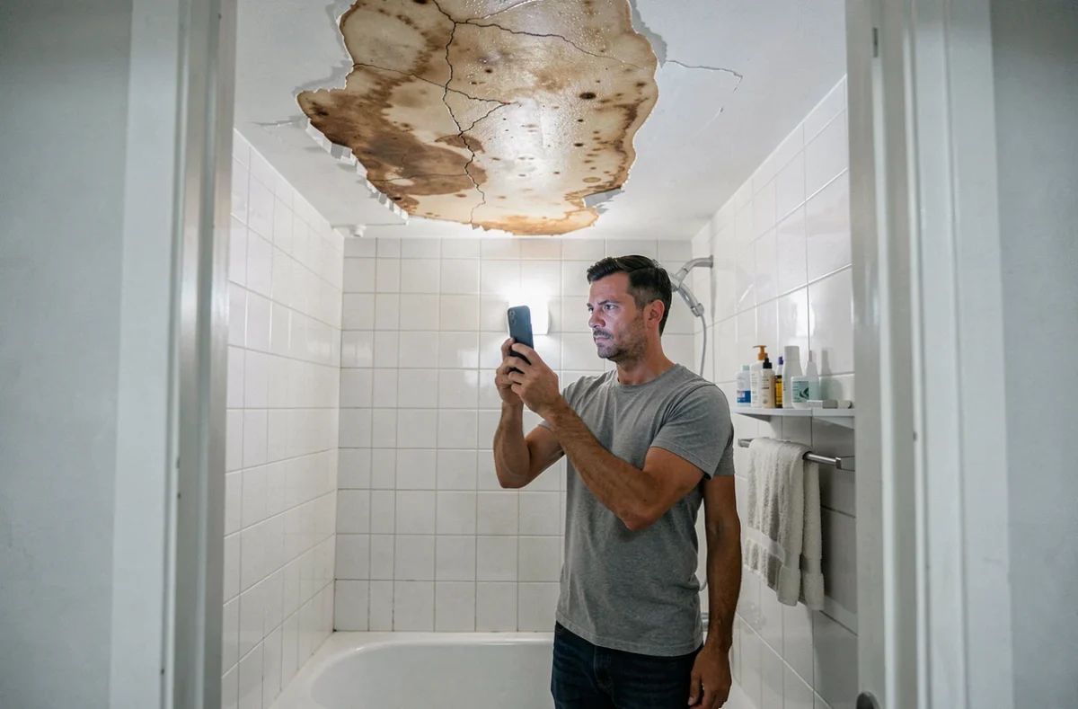 Homme photographiant une tache d'humidité au plafond d'une salle de bain pour déclarer un dégât des eaux
