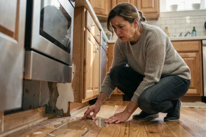 Femme inspectant des dégâts des eaux sur le plancher de sa cuisine avec des traces d'humidité visibles