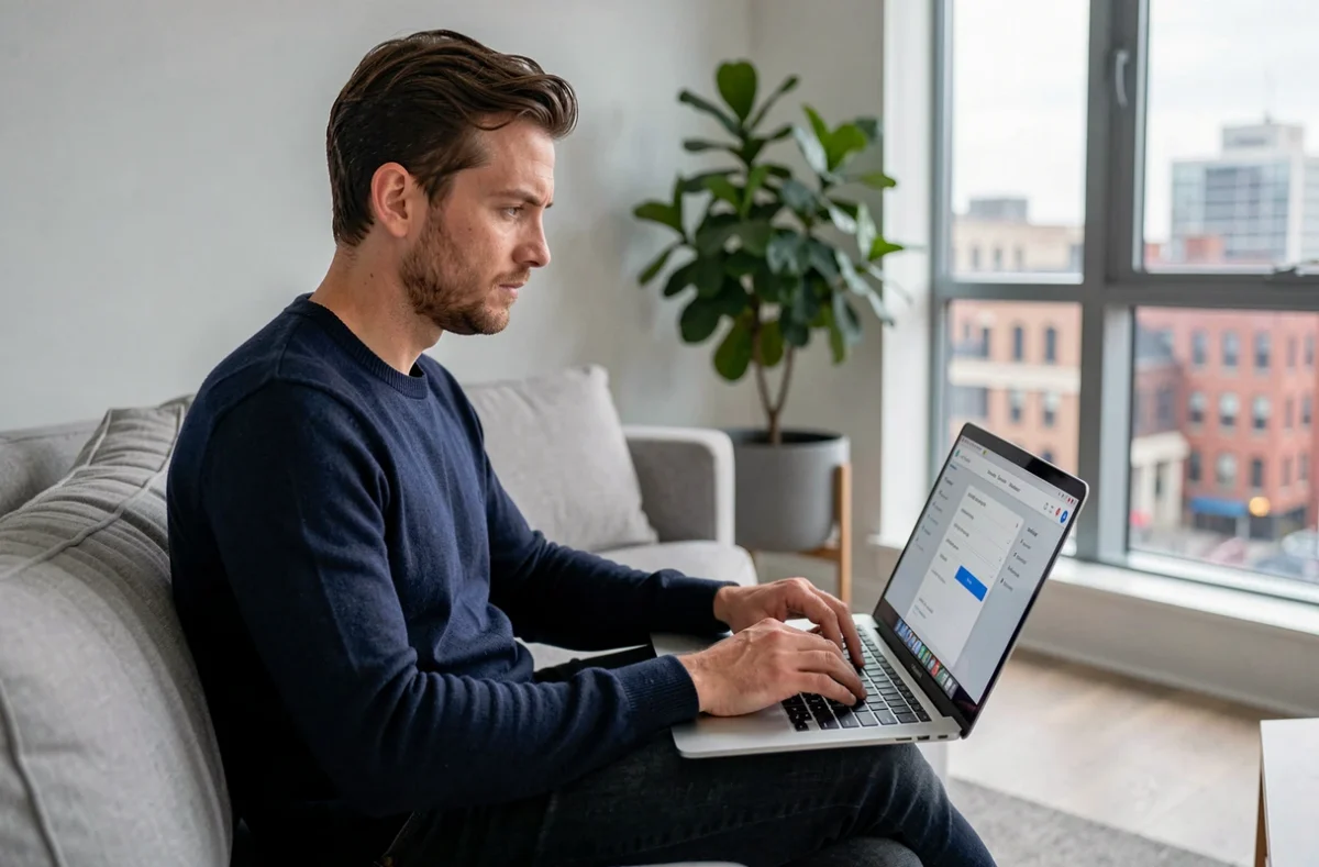 Jeune homme effectuant une demande d'aide Action Logement en ligne sur son ordinateur portable