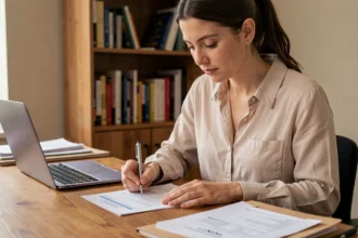 Femme remplissant un formulaire de demande d'aide au logement à son bureau à domicile