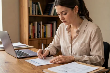 Femme remplissant un formulaire de demande d'aide au logement à son bureau à domicile