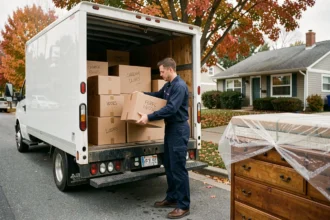 Déménageur professionnel chargeant des cartons dans un camion de déménagement devant une maison résidentielle