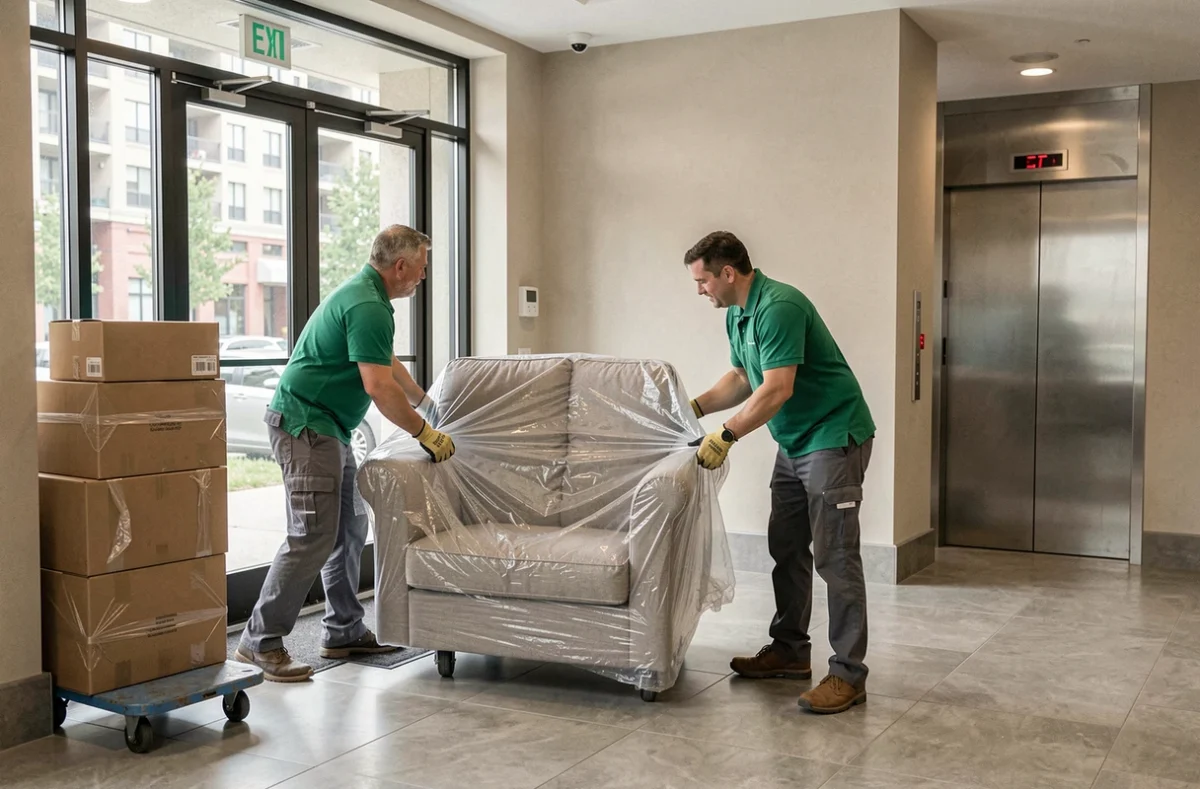 Deux déménageurs professionnels portant un canapé emballé dans le hall d'un immeuble d'appartements moderne