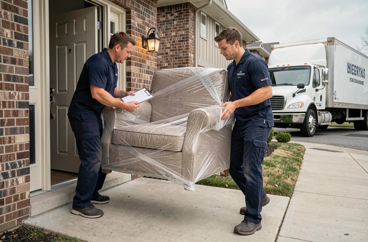 Déménageurs professionnels portant des meubles emballés devant une maison avec un camion de déménagement