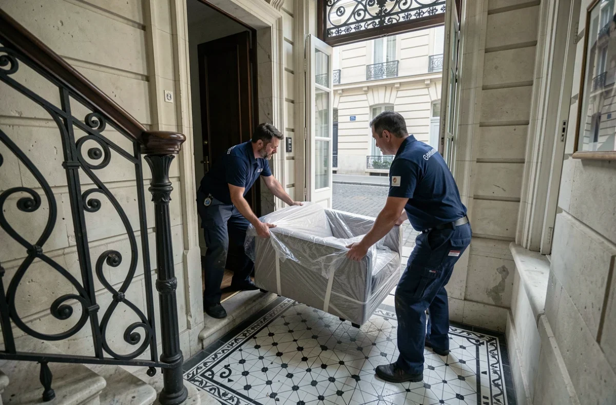 Deux déménageurs professionnels en uniforme transportant un canapé emballé dans l'entrée d'un immeuble haussmannien parisien