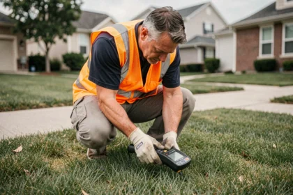 Technicien utilisant un détecteur de canalisation enterrée sur une pelouse résidentielle